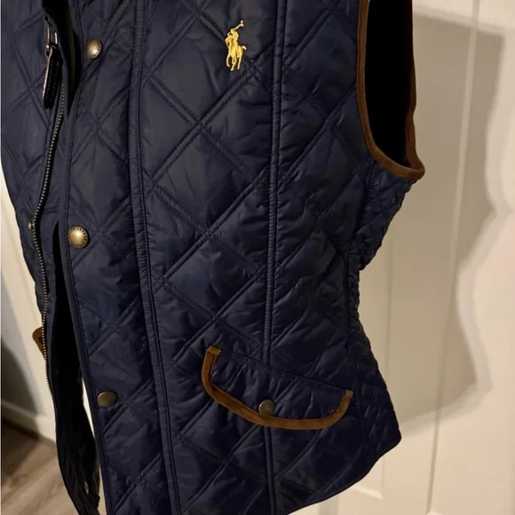 Polo Ralph Lauren, Navy Quilted Vest with Brown Trim - Picture 5 of 5